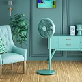 Stylish Standing Air Cooler Fan In Room With Light Blue Armchair Green Plant And Cabinet