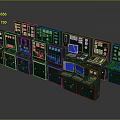 Row of Green Industrial Control Consoles With Multiple Displays And Panels