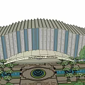 Modern Commercial Complex With Curved Glass Facade And Surrounding Greenery Trees