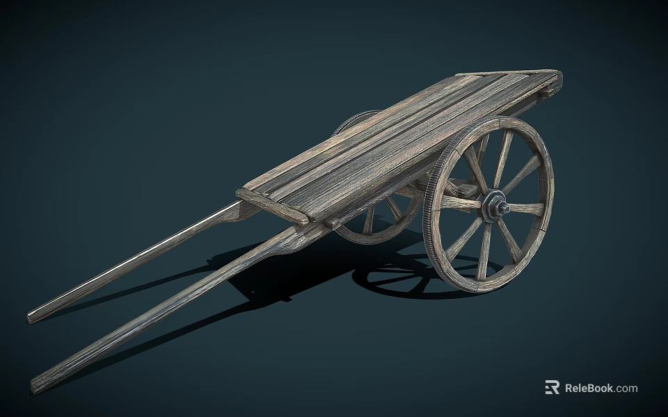 Vintage Wooden Cart With Rustic Planks And Large Spoked Wheels On Dark Background 3d model 