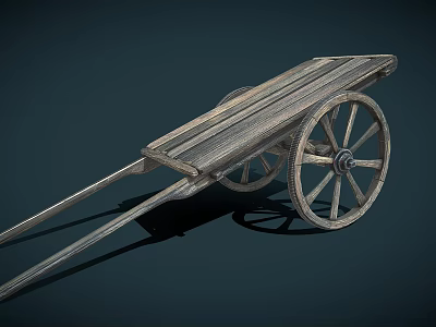 Vintage Wooden Cart With Rustic Planks And Large Spoked Wheels On Dark Background 3d model