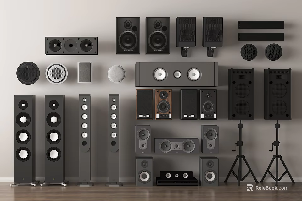 Modern Stylish Audio Speakers Collection With Floor Standing Bookshelf Center Channel Subwoofers And Stands 3d model 