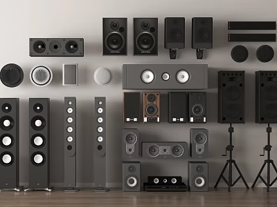 Modern Stylish Audio Speakers Collection With Floor Standing Bookshelf Center Channel Subwoofers And Stands 3d model