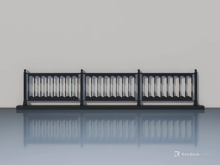 Three Panel Black Swing Door With Vertical Bars And Reflective Floor 3d model