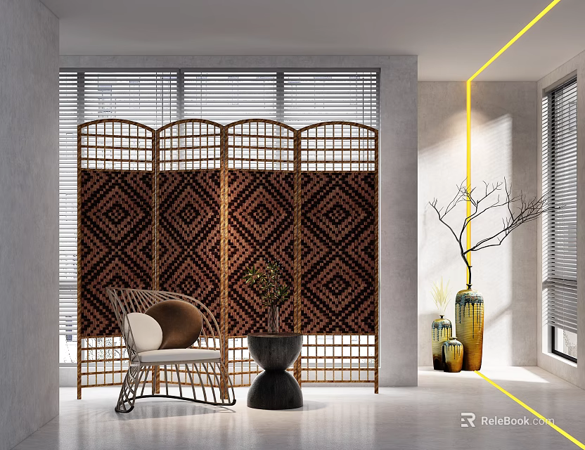 Modern Wooden Room Divider With Diamond Pattern In Bright Interior Space 3d model 