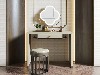 Elegant Dressing Table With Cloud Shaped Mirror Stool And Decorative Items 3d model