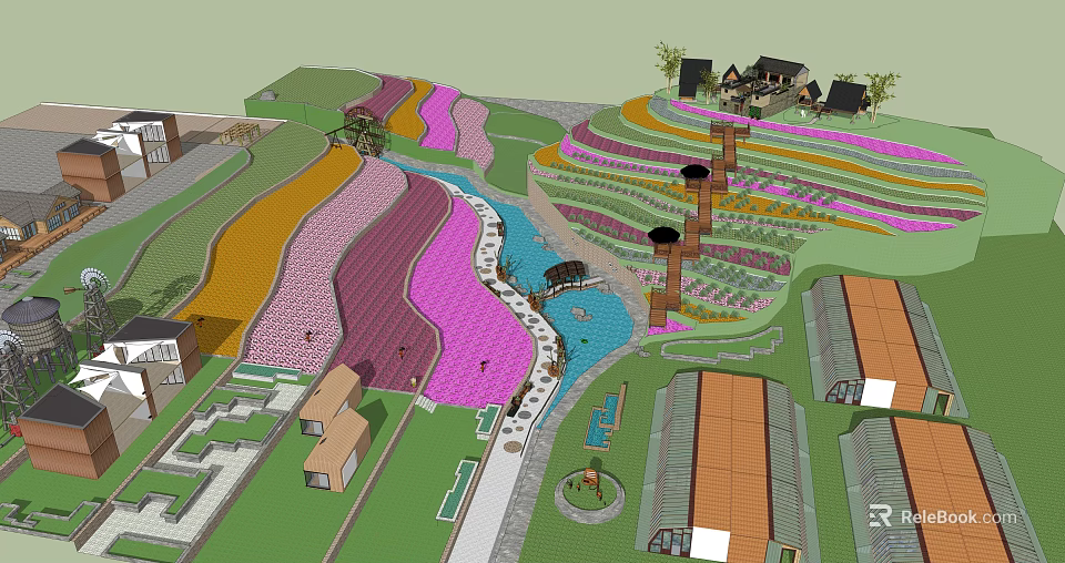 Waterfront Landscape Design Featuring Winding River Colorful Belts Walking Paths And Terrace Structures 3d model