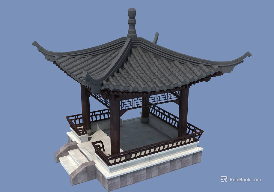 Chinese Traditional Pavilion With Curved Eaves Black Tiled Roof Stone Base And Wooden Railings 3d model 