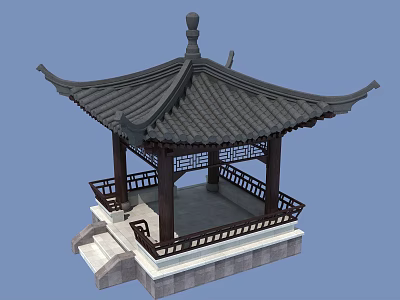 Chinese Traditional Pavilion With Curved Eaves Black Tiled Roof Stone Base And Wooden Railings 3d model