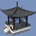 Chinese Traditional Pavilion With Curved Eaves Black Tiled Roof Stone Base And Wooden Railings