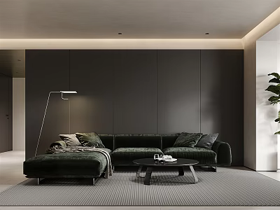 Modern Living Room Interior With Large Sectional Sofa Floor Lamp Coffee Table Green Plant And Rug 3d model