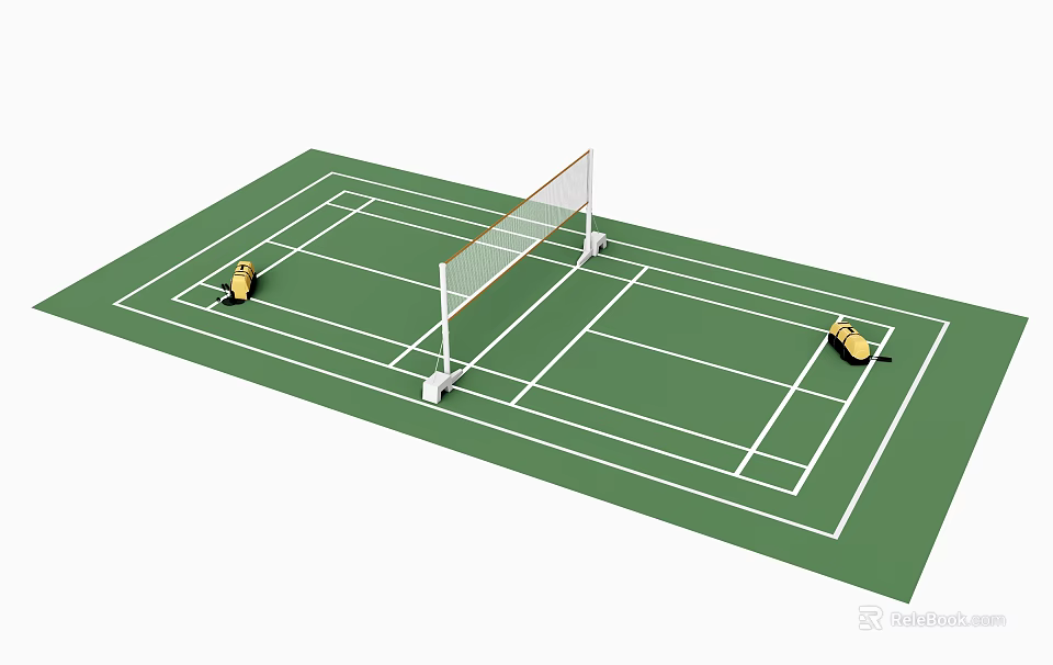 Green Badminton Court Surface With Net Shuttlecocks And White Boundary Lines For Fitness 3d model 