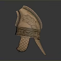 Ancient Weapon Helmet Featuring Bronze Material Ornate Carvings Feathered Crest And Decorative Rim