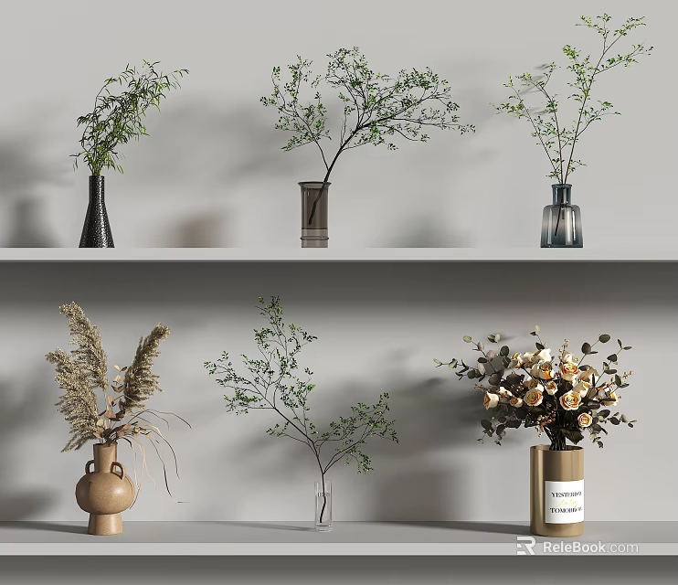 Elegant Vases With Green Branches Dried Flowers And Mixed Bouquets On Shelves 3d model 
