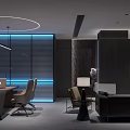 Modern Office Interior With Executive Desk Ergonomic Chair Circular Pendant Light And Decorative Wall