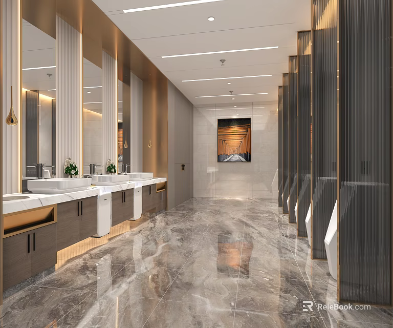 Modern Public Restroom Interior Design with Marble Floor Washbasins Mirrors and Stalls 3d model 