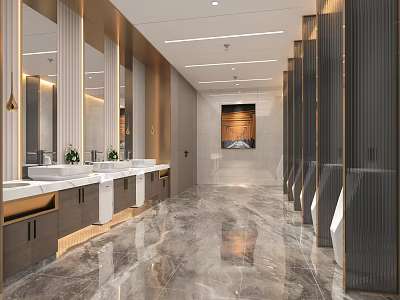 Modern Public Restroom Interior Design with Marble Floor Washbasins Mirrors and Stalls 3d model