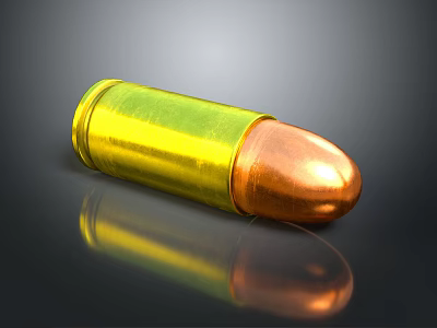 Shiny Metallic Bullet With Golden Copper Finish On Dark Reflective Surface 3d model