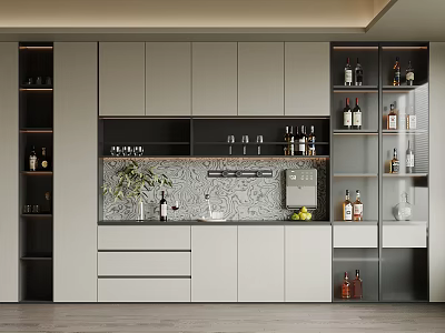 Elegant Modern Wine Cabinet Design With Glass Doors Wooden Shelves Wine Bottles And Decor 3d model