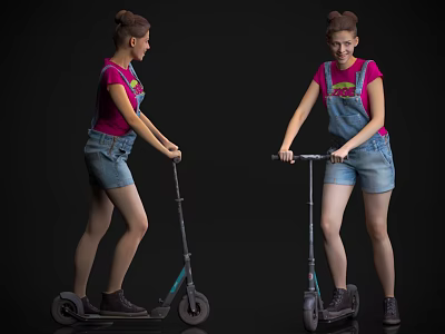 Woman Riding Electric Scooter Wearing Pink Shirt And Denim Overalls Shown From Two Angles 3d model