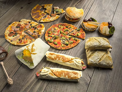 Assorted Delicious Food Including Pizzas Burgers Wraps And Fresh Bread On Wooden Table 3d model