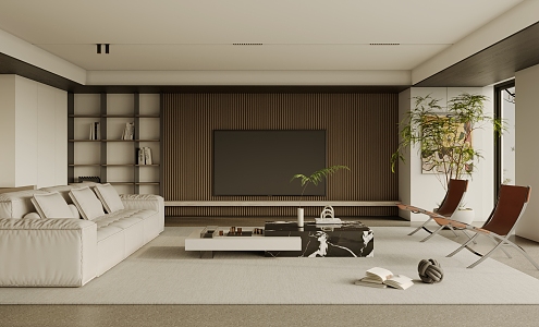 Living Room Sofa Single Chair Coffee Table Curtain Carpet Bookshelf Jewelry Chandelier Hanging Picture 3d model