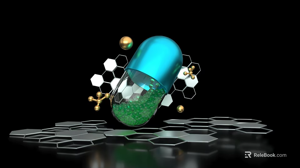 Decorative Ornament Set Featuring Blue Capsule Green Particles Hexagonal Golden Elements On Black Platform 3d model 
