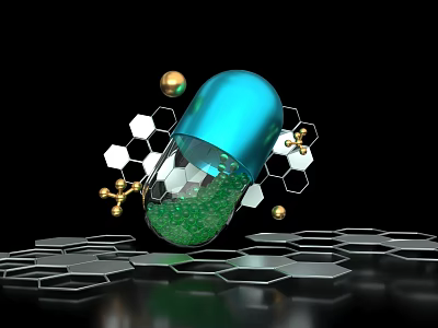 Decorative Ornament Set Featuring Blue Capsule Green Particles Hexagonal Golden Elements On Black Platform 3d model