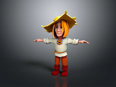 3D Animated Character With Yellow Wide Brim Hat Orange Hair White Shirt And Red Shoes 3d model