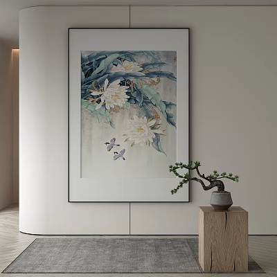 Botanical Painting With White Flowers Green Leaves And Small Birds On Wall Decor 3d model