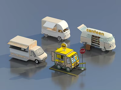 Mobile Canteen Food Trucks In Various Styles With Awning Service Window And Stop Sign Platform 3d model