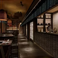 Traditional Chinese Hotpot Restaurant Interior With Lantern Lights Wooden Tables And Condiment Bar