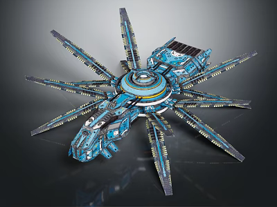 Futuristic Blue Multiple armed Spacecraft For Cosmic Exploration With Central Circular Structure And Solar Panels 3d model