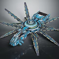 Futuristic Blue Multiple armed Spacecraft For Cosmic Exploration With Central Circular Structure And Solar Panels