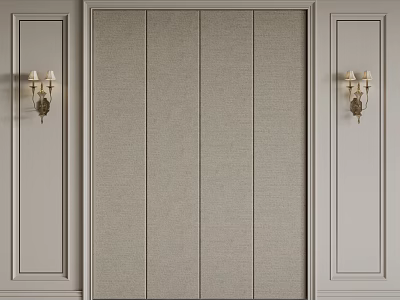 Elegant Beige Fabric Bedroom Accent Wall With Vertical Stripes And Side Wall Sconces Design 3d model
