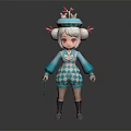Cute Cartoon 3D Game Character With Pink Hair Blue Hat Diamond Pattern Outfit And Staff