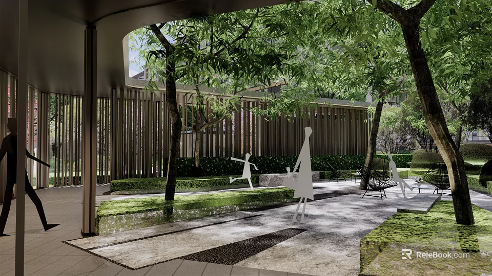 Garden Landscape With Trees Green Plants White Sculptures Stone Pathways And Wooden Fence 3d model 