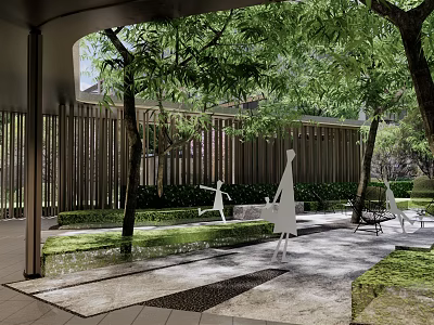 Garden Landscape With Trees Green Plants White Sculptures Stone Pathways And Wooden Fence 3d model