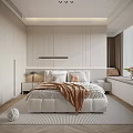 Modern Bedroom Interior Design With Paneled Wall Bed Pillows And Brown Curtains 3d model