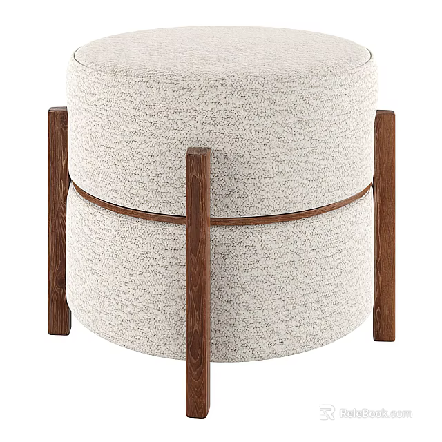 Modern Round Beige Fabric Ottoman With Wooden Legs And Leather Trim 3d model 