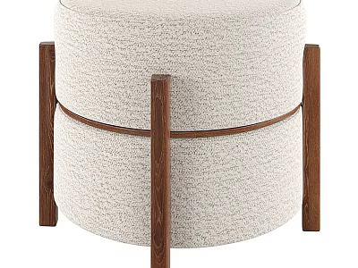 Modern Round Beige Fabric Ottoman With Wooden Legs And Leather Trim 3d model