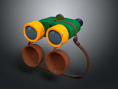 Green And Yellow Binoculars With Brown Strap Round Lens Covers And Gear Component 3d model