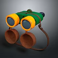 Green And Yellow Binoculars With Brown Strap Round Lens Covers And Gear Component