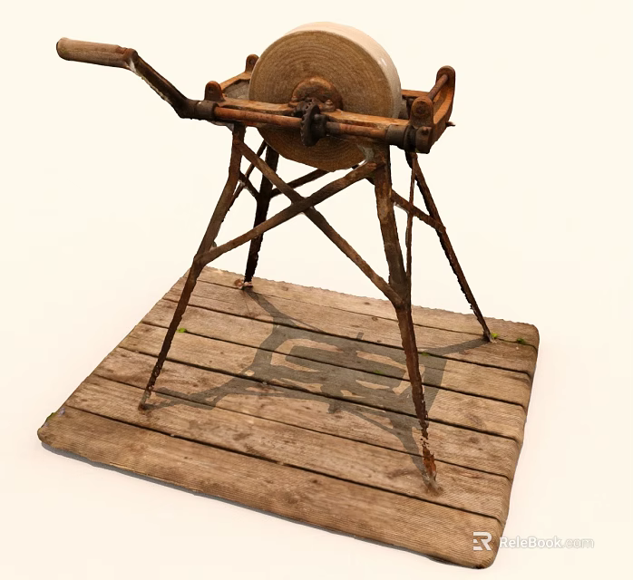 Old Fashioned Vintage Grinding Mill with Rustic Wooden Base and Metal Stand 3d model 