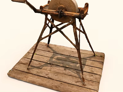 Old Fashioned Vintage Grinding Mill with Rustic Wooden Base and Metal Stand 3d model