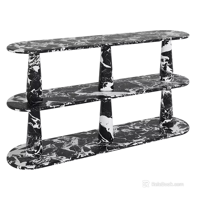 Stylish Three Tier Black And White Marble Pattern Shelving Unit For Home Storage 3d model 