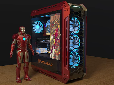 Red COUGAR Computer Case With Blue Fans And Iron Man Figurine Transparent Panel 3d model