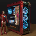 Red COUGAR Computer Case With Blue Fans And Iron Man Figurine Transparent Panel