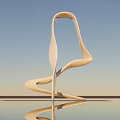 White Abstract Sculpture with Flowing Curved Design against Blue Sky and Water Reflection