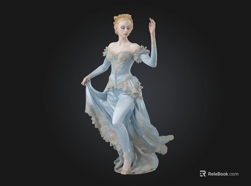 Graceful Female Ballet Dancer In Light Blue Flowing Dress With Black Background 3d model 